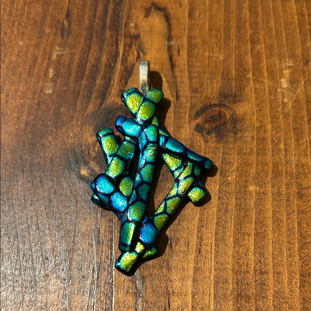 Blue & Green Abstract  Dichroic Fused Glass Pendant Slide Iridescent Statement
